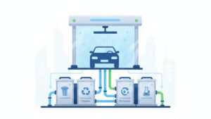 Схема водоподготовки для автомоек самообслуживания, современная иллюстрация, чистая вода, фильтры, 2026 год.