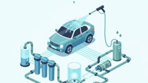 Схема водоподготовки для автомоек самообслуживания, современная иллюстрация, чистая вода, технологичность.