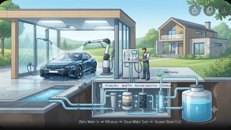 Современная иллюстрация системы рециркуляции воды на автомойке для экономии ресурсов и защиты экологии