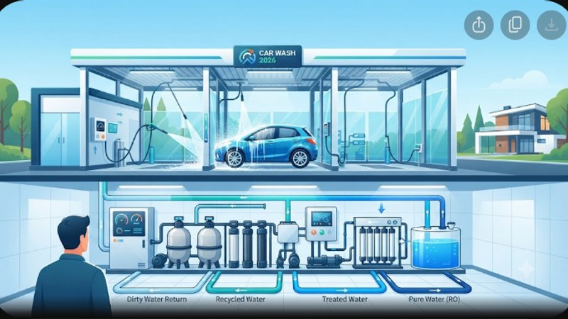 Современная иллюстрация системы очистки воды для автомойки самообслуживания в минималистичном технологичном стиле
